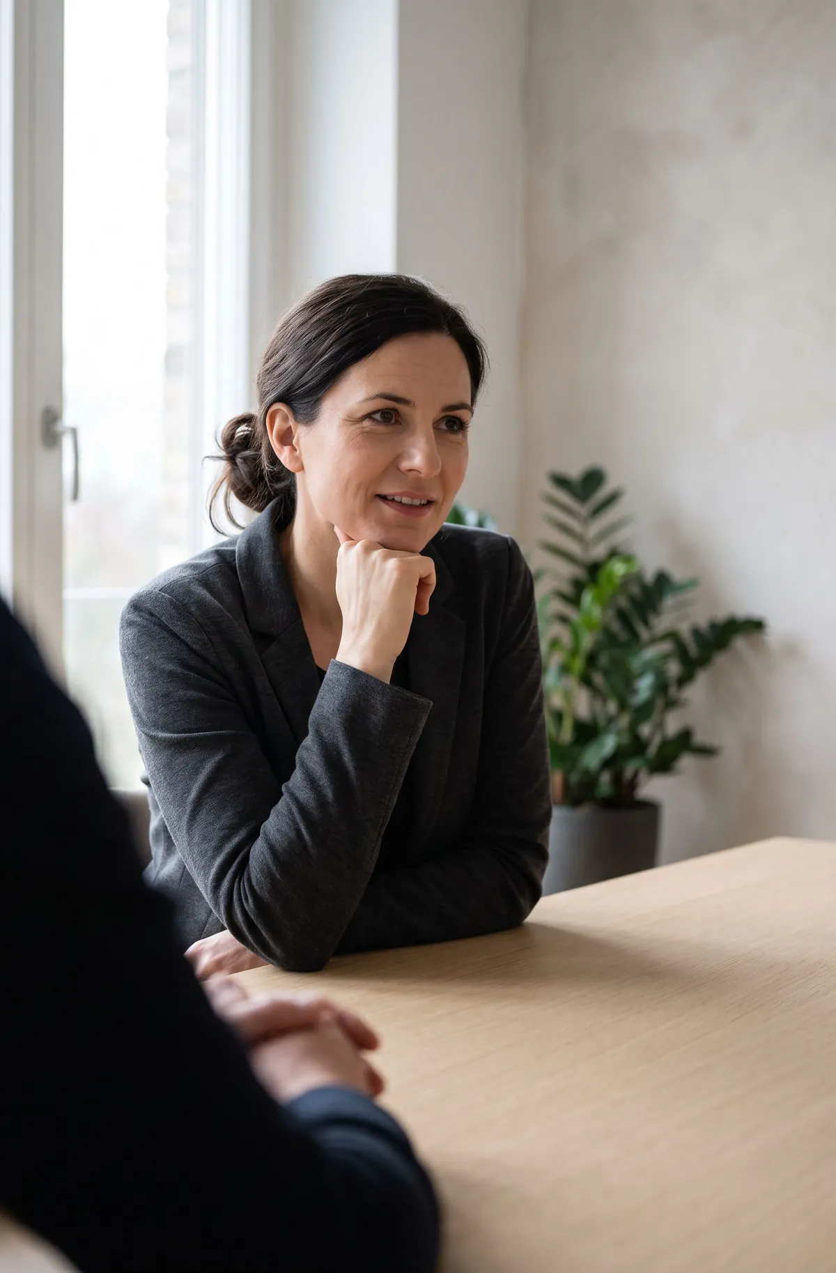 A tax advisor leans in across a table, listening closely to a client.