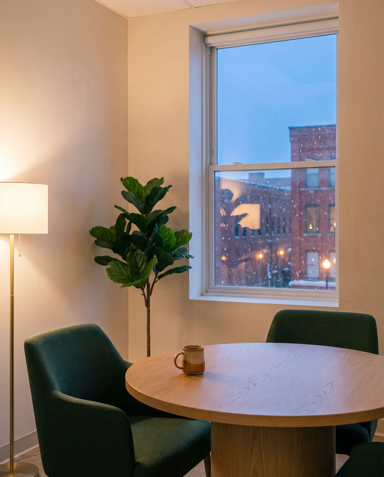 An empty, softly lit consultation room with two green chairs at a round table, snow falling past the window.
